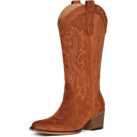 Women's Elegance Embroidery Brown Chunky Heel Mid Calf Snip Toe Western Boots - Picture 3 of 6